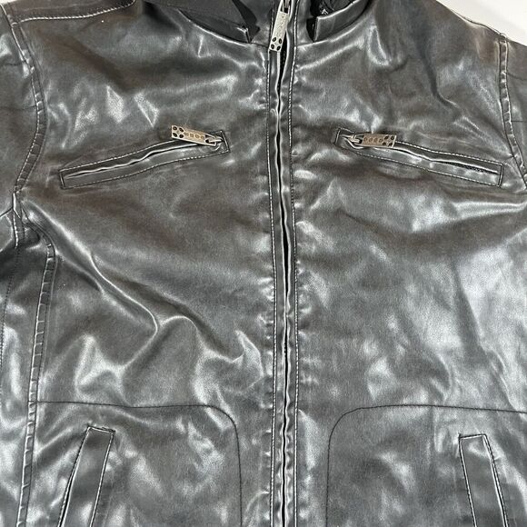 Whispering Smith Faux Leather Hooded Bomber  Jacket Distressed Men's Size M - Picture 9 of 13